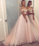 A Line Sweetheart Beaded Off the Shoulder Pink Long Prom Dresses Wedding Dress JS132