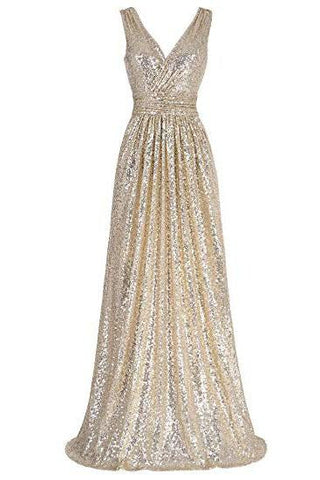 A Line Sequin V Neck V Back Sleeveless Gold Ruffles Maxi Evening Prom Dresses JS336