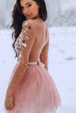 A Line Blush Pink Long Sleeve Homecoming Dresses 3D Flowers Beaded Short Prom Dresses H1140