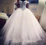 Ball Gown Lace Pearl Beads Unique Arabic Sweetheart White Tulle Princess Wedding Dress JS686