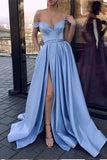 Cheap Simple A Line Blue V Neck Off the Shoulder Satin Long High Slit Prom Dresses JS59