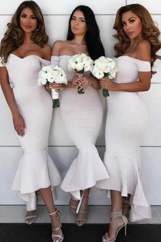 Mermaid Off the Shoulder Sweetheart Ivory Satin Open Back Ruffles Bridesmaid Dresses JS756