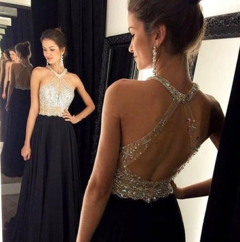 Gorgeous Long Halter Open Back Floor Length A-Line Chiffon Beading Prom Dresses JS137