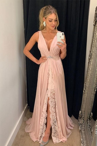 V Neck A Line Chifon Formal Evening Dresses Pink Long Front Split Prom Dresses