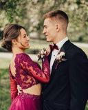 Elegant A Line Two Piece Burgundy Long Sleeve Beads Organza Open Back Long Prom Dresses JS24