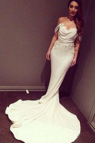 White Mermaid Off The Shoulder Long Ivory Sequins with Sparkle Formal Party Dresses For Teens JS13