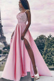 A Line Spaghetti Straps High Slit Sweetheart Chiffon Lace Appliques Prom Dresses JS310