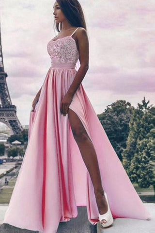 A Line Spaghetti Straps High Slit Sweetheart Chiffon Lace Appliques Prom Dresses JS310