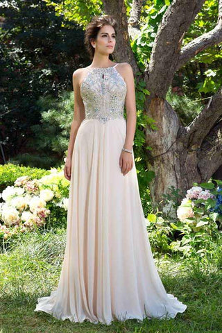 A-Line Chiffon High Neck Pink Beads Sleeveless Backless Floor-Length Prom Dresses JS885