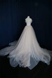 A-Line Off-the-Shoulder Tulle Sweetheart Lace up Ivory Bowknot Beach Wedding Dresses JS183