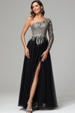 Vintage One Shoulder Long Sleeve Appliqued Tulle Long Prom Dress