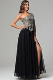 Vintage One Shoulder Long Sleeve Appliqued Tulle Long Prom Dress