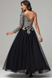 Vintage One Shoulder Long Sleeve Appliqued Tulle Long Prom Dress