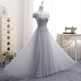 Cute A line Gray Lace Off Shoulder Lace-up Prom Dress with Appliques Graduation Dresses JS105