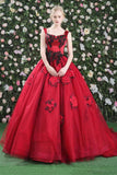 Gorgeous Ball Gowns Red Flowers Scoop Sleeveless Tulle Lace up Beads Prom Dresses JS299