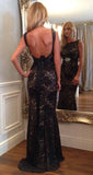 Long Prom Dresses Mermaid Scoop Neck Lace Beading Black Backless Evening Dress JS696