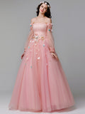 A Line Long Sleeve Ball Gown Off the Shoulder Long Floral Fairy Prom Dresses