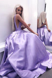 Simple A Line V Neck Satin V Back Long Prom Dresses Sexy Evening Dresses JS293