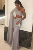 Sexy Mermaid One Shoulder Grey Slit Satin Long Zipper Prom Dresses JS63