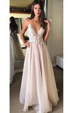 A-Line V-Neck Spaghetti Straps Backless Beads Appliques Organza Sleeveless Prom Dresses UK JS317