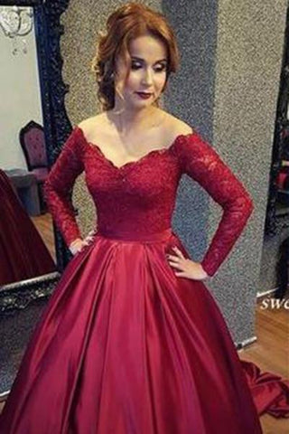 Vintage Long Sleeve Lace Sequins Off Shoulder Prom Dresses