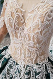 Green Long Sleeves Ball Gown Lace Prom Dress with Appliques Long Quinceanera Dress P1137