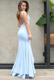 Elegant Mermaid Scoop Backless Blue Satin Sweetheart Slit Prom Dresses with Split JS71