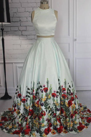 Simple Two Pieces Ivory Floral Print High Neck Sleeveless Prom Dresses Evening Dresses P1012