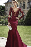 Burgundy Sheath Column V-Neck Floor-Length Elastic Woven Satin Prom Dresses JS415