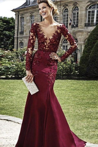 Burgundy Sheath Column V-Neck Floor-Length Elastic Woven Satin Prom Dresses JS415