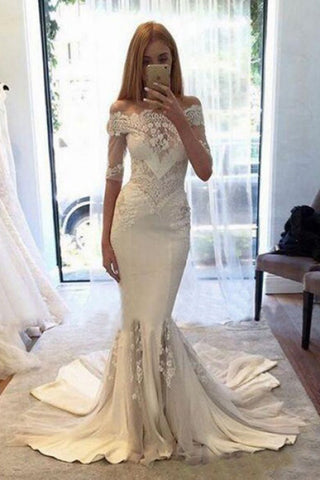 Elegant Off Shoulder Short Sleeves Lace Mermaid Wedding Dresses