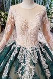 Green Long Sleeves Ball Gown Lace Prom Dress with Appliques Long Quinceanera Dress P1137