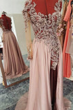 Unique Round Neck Chiffon Lace Long Beads Long Sleeve Party Prom Dresses JS221