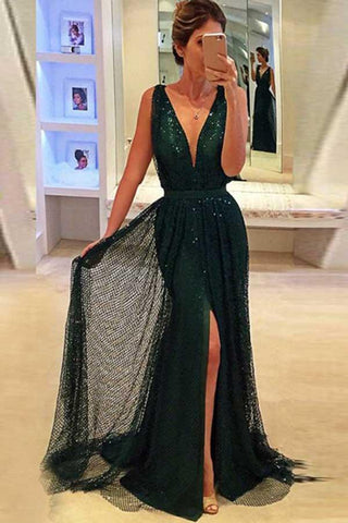 Sheath Deep V-Neck Sweep Train Dark Green Lace Sleeveless Prom Dress with Split Sequins JS697