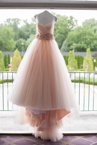 High Quality Ball Gown Ruffles Pink Sweetheart Wedding Dress Waist with Handmade Flowers JS683