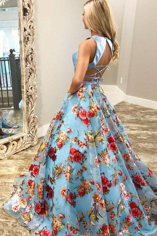 A Line Floral Two Piece Round Neck Sweep Train Blue Organza Prom Dresses JS182