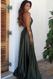 Elegant Simple Sexy Backless High Split Long V-Neck Open Back Green Prom Dresses