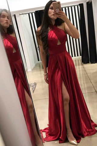 A-Line Cross Neck Floor-Length Sleeveless Dark Red Prom Dresses UK with Split Keyhole JS325