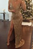 Sexy Mermaid Spaghetti Straps Slit Gold V Neck Sequins Long Sleeveless Prom Dresses JS50