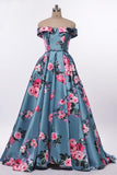 Elegant A-Line Off the Shoulder Sweetheart Lace up Satin with Flowers Prom Dresses UK JS514