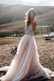 Pink Beads A Line V- Neck Sexy Tulle Long Sleeveless Beach Wedding Dresses Prom Dresses UK JS502