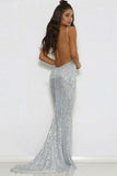 Backless V-neck Sequins Silver Spaghetti Straps Short Train Mermaid Prom Dresses UK JS503