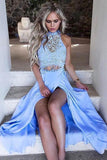 Sexy High Slit Two Piece Lace Blue Long Chiffon High Neck Sleeveless Prom Dresses JS31