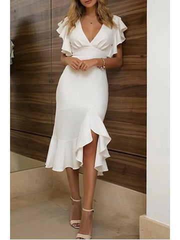 Sheath White Sexy Prom Cocktail Party Dress V Neck Asymmetrical Ruffles