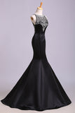 Sexy Black Mermaid Beads High Neck Satin Button Cheap Prom Dresses Party Dress JS173