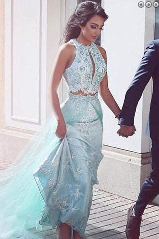 A-Line Two Pieces Sheath Round Neck Blue Tulle Prom Dresses with Lace Sequins Overskirt JS266