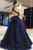 Elegant Scoop Royal Blue Ball Gown Open Back Halter Beading Tulle Prom Dresses UK JS438