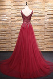 Simple A-Line Burgundy V-Neck Beads Tulle Long Sleeveless Slit Backless Prom Dresses JS241