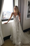 Sexy Tulle V-neck See-through Applique Beach Long Spaghetti Straps Wedding Dress