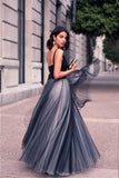 A-Line V-Neck Sleeveless Tulle Backless Navy Blue Floor Length Evening Prom Dresses UK JS460